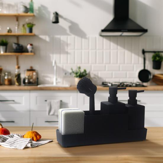 Multifunktionales Badezimmer-Organizer-Tablett mit 2 Seifenspendern, Reinigungsbürste, Küchenarbeitsplatte, Spülmittelflaschen-Schwammhalter-Ständer