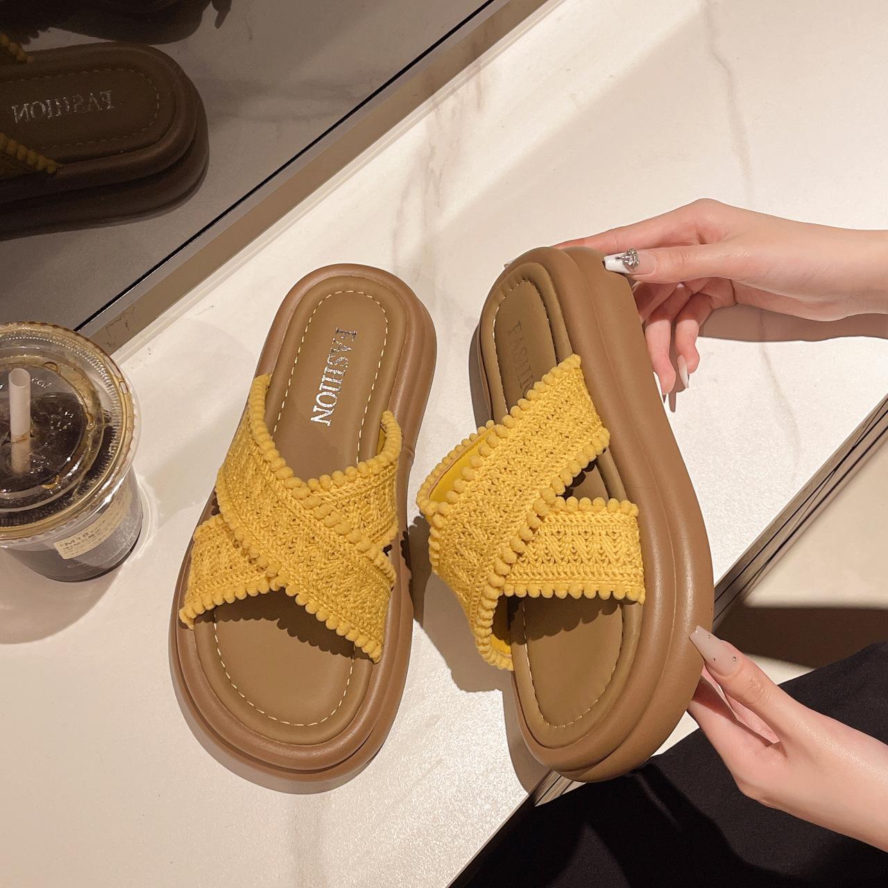 

Модные новые женские пляжные сандалии в островном стиле с перекрестным плетением, шлепанцы без застежки, летняя уличная удобная легкая повседневная обувь 40 жёлтый