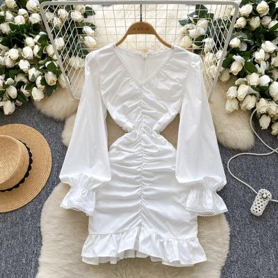 Spring Summer Women V-neck Solid French Style Elegant Mini Short Fold Dresses