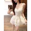Sling adjustable pure desire wind fairy Korean waist design splicing lace off shoulder sleeveless high-end skirt woman