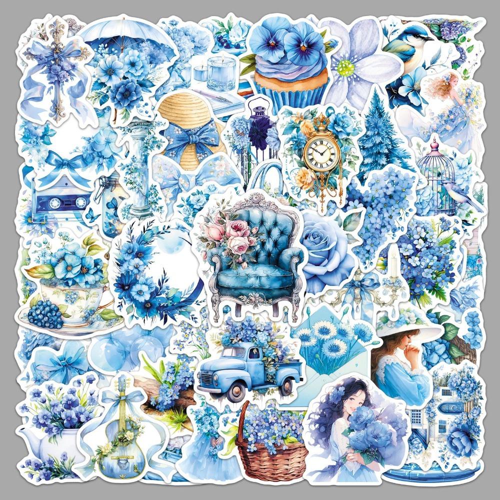 

50Pcs Retro Blue Garden Flower Girl Aesthetic Stickers for DIY Scrapbooking Luggage Water Bottle Phone Laptop Guitar Decoration