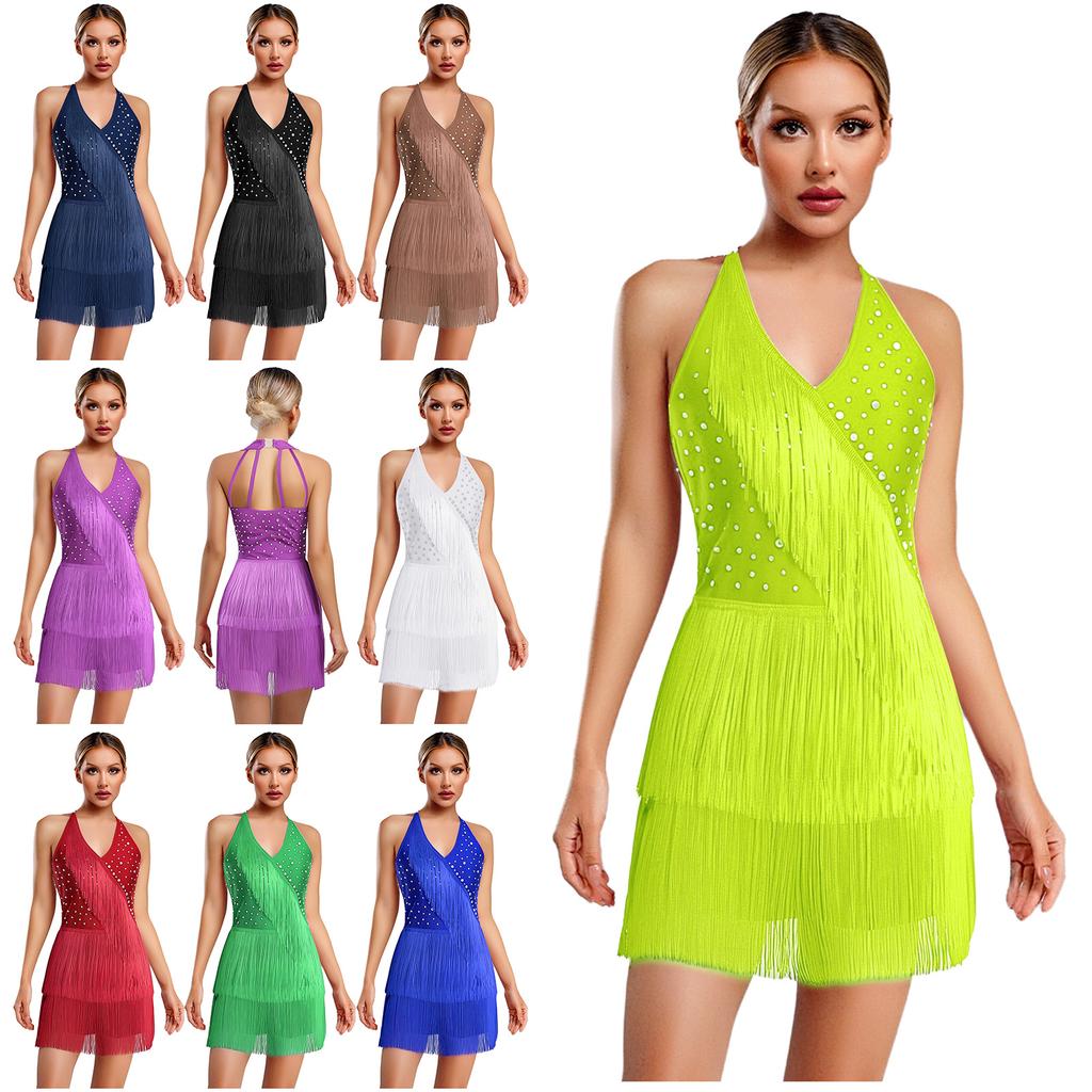 Women Dance Jumpsuit Halter Neck Sleeveless Spark Rhinestones Fringed Strappy Back Latin Dance Costume