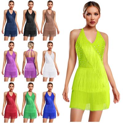 Women Dance Jumpsuit Halter Neck Sleeveless Spark Rhinestones Fringed Strappy Back Latin Dance Costume