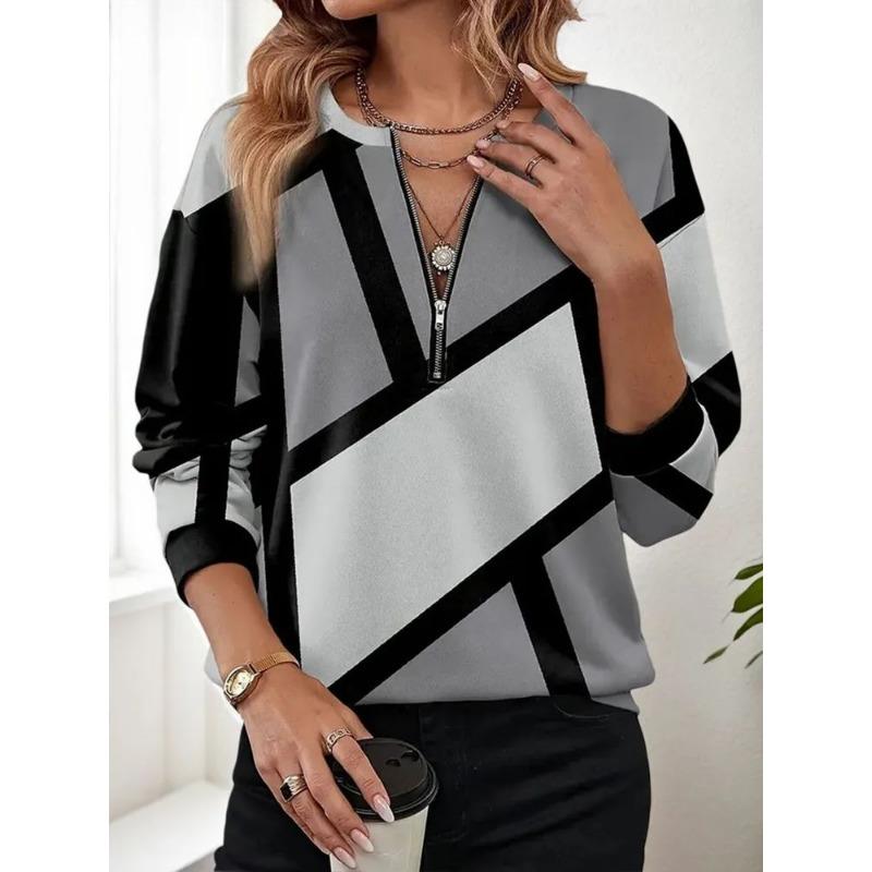 Women's Elegant Printed Zipper Long-sleeved Top, Stylish and Versatile for Autumn and Winter Casual and Office Wear, Machine Washable