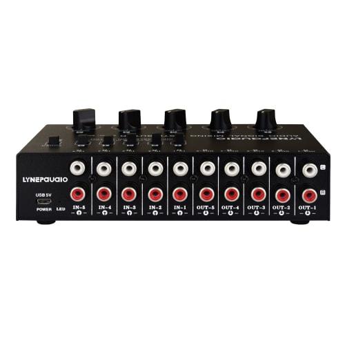 5-in-5-out Mini Audio Mixer, Compact Stereo Distributor with RCA Interface, Independent Volume Control, Independent Input Switch, No Wear, 15dB Signal
