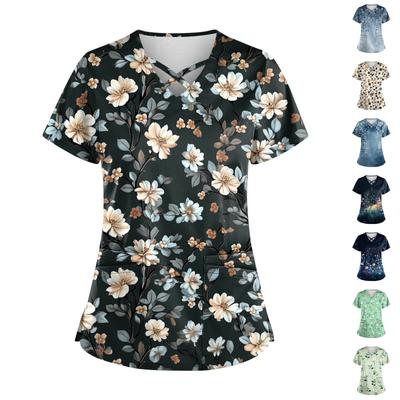 Women's Short Sleeve Stagger V Neck  Print Pocket Dry-nurse Top