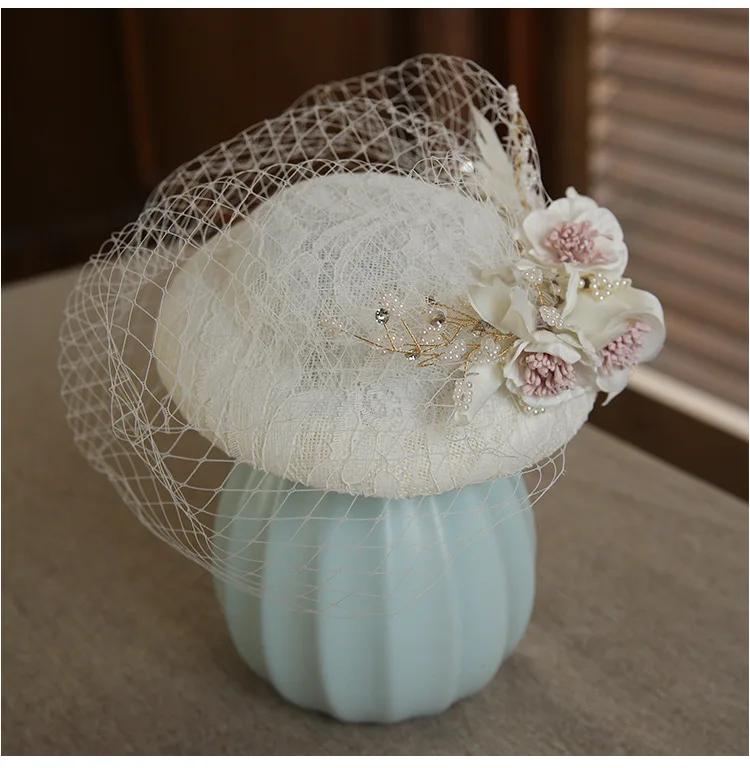 2025 New French White Vintage Mini Fascinator Hat Bridal Lace Net Wedding Veil Cap for Women