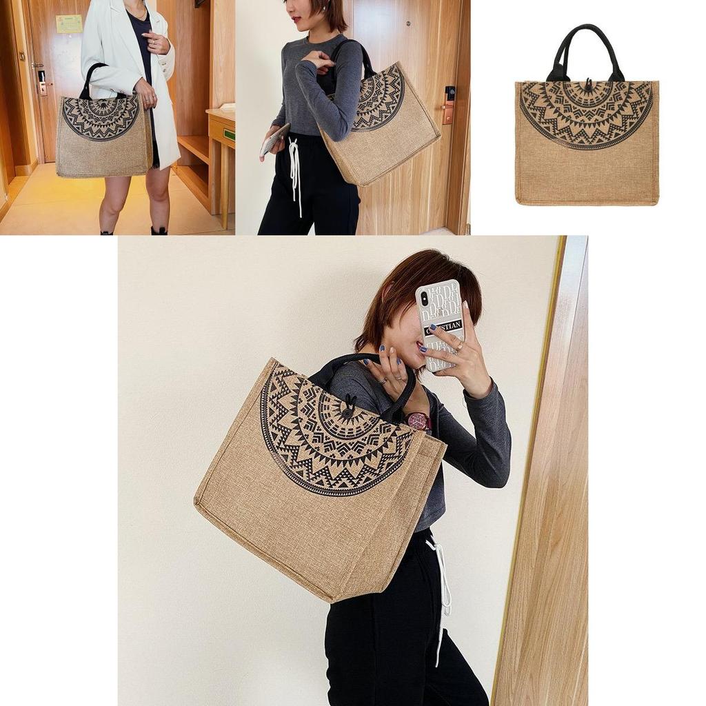 Tote Printed Flax Bag For Women Large Capacity Shoulder Bag With Commuter Casual
