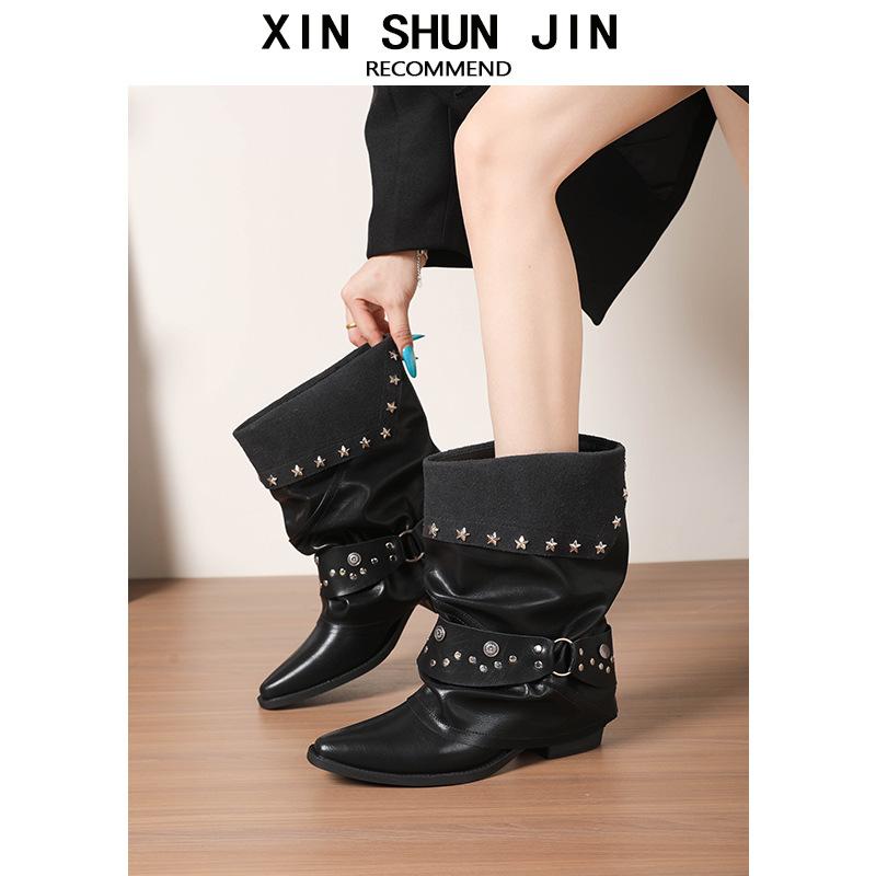Short Boots Women'S Black Coarse Heel Belt Buckle Autumn Boots Spice Girl Rivet Pointed Knight Boots Pile Boots
