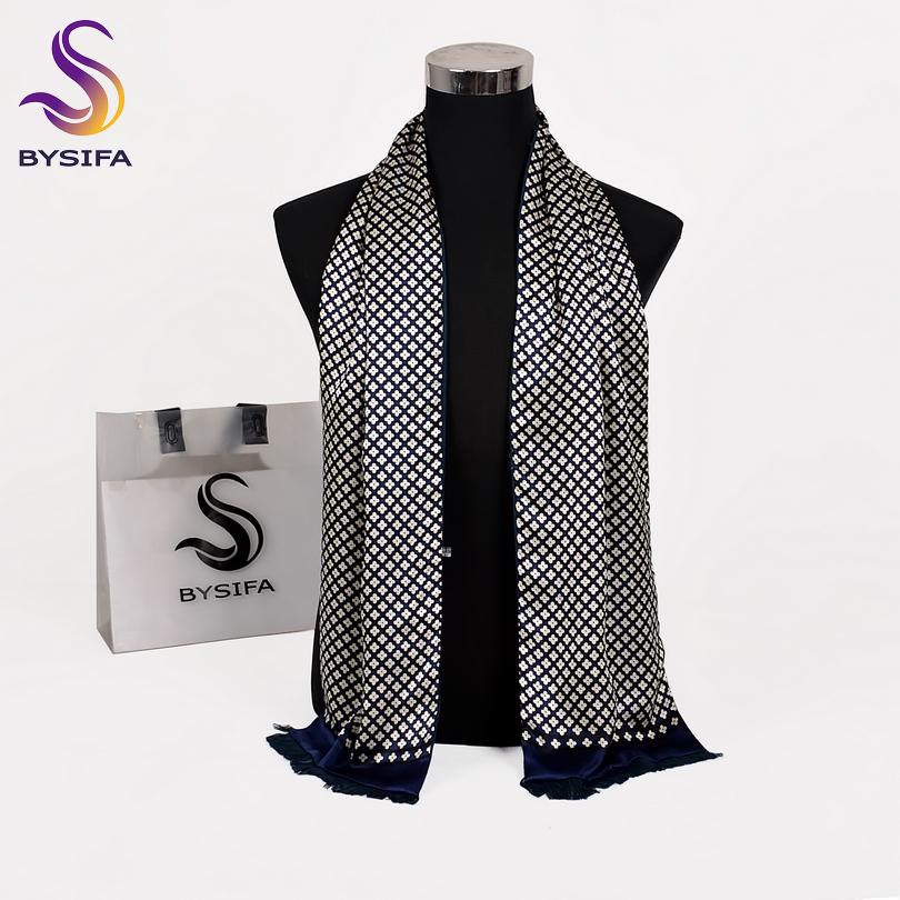 [BYSIFA] Winter Men Warm Scarves Thicken Fashion Luxury 100% Silk Male Business Long Scarf Cravat Navy Blue Neck Scarf 165*24cm