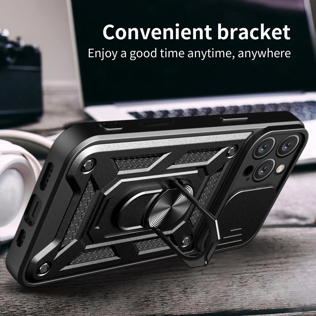 For iPhone 16 Pro Case with Slide Camera Lid PC+TPU Kickstand Phone Cover