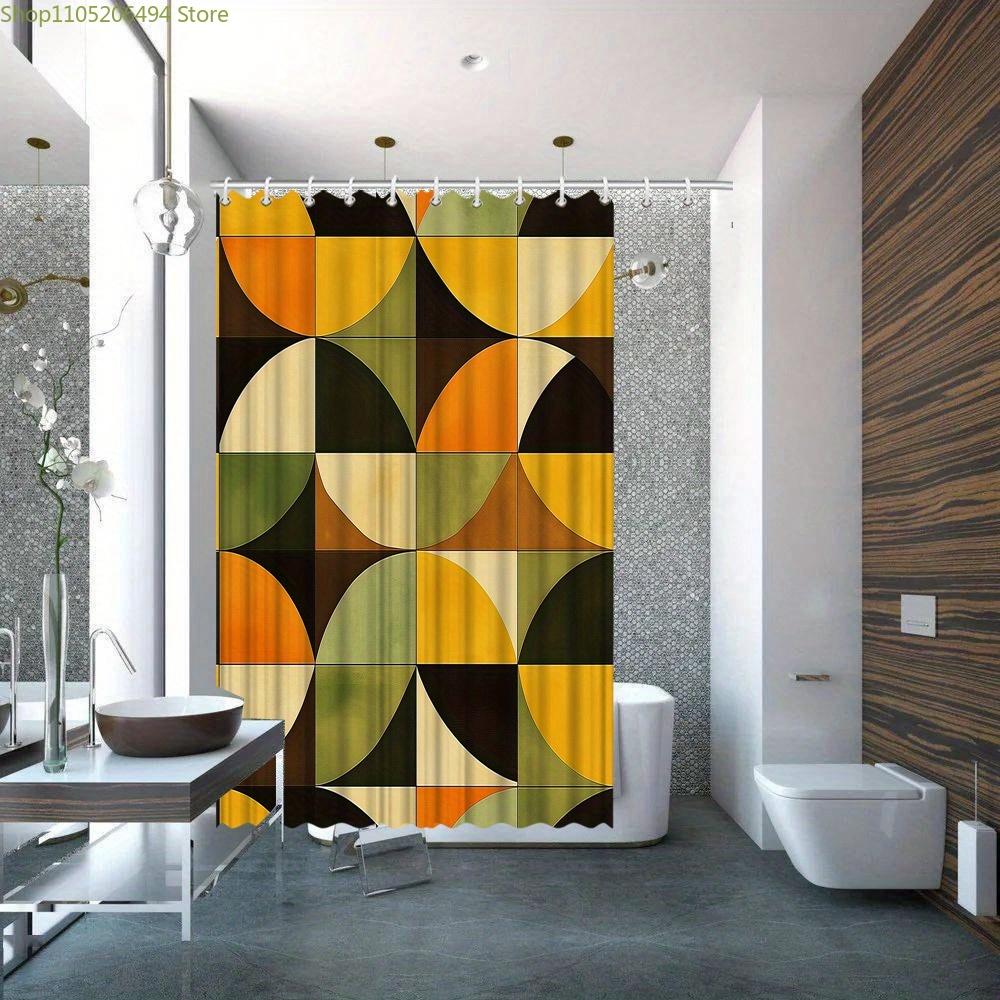 1pc Mid-Century Modern Geometric Shower Curtain - Abstract Interlocking Circles Design in Yellow, Green, Brown & Beige on Dark