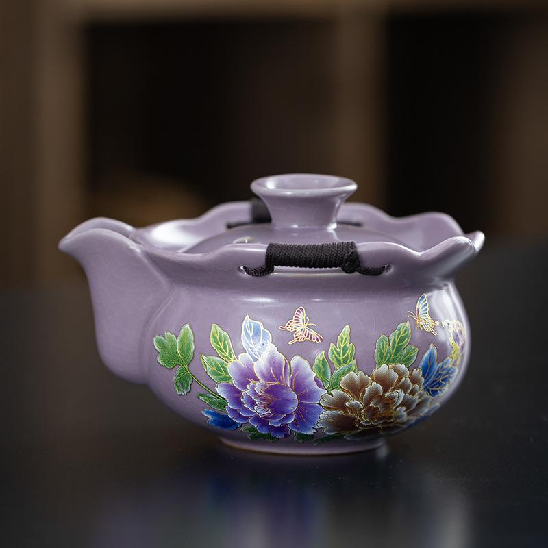 Ziru Travel Peony Tea Set Portable Tea Set One Pot Three Cups Carry-on Bag Set Travel Teacup Breaking Teapot