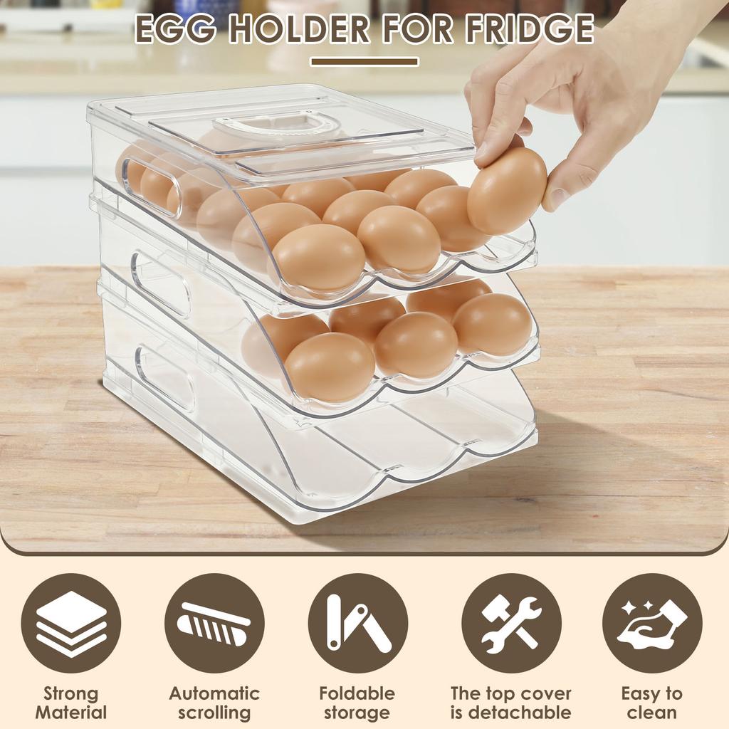 3 Tier Auto Rolling Egg Holder Kitchen Refrigerator Egg Storage Box Keep Fresh Stackable Household Countertop Organizer