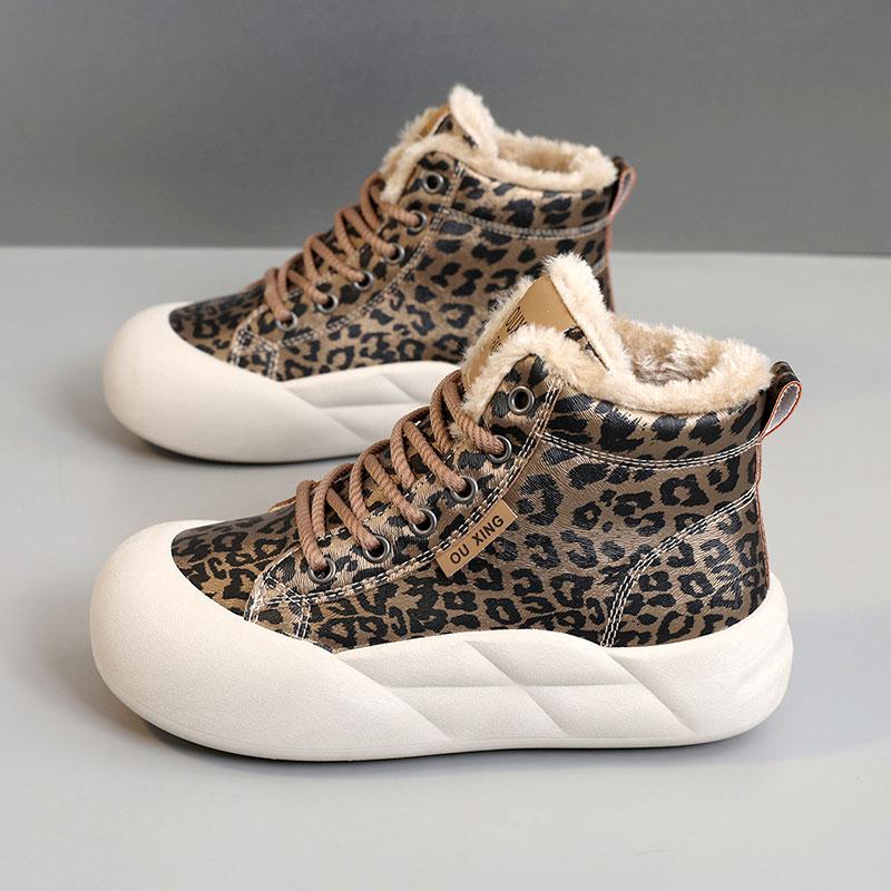 TUINANLE Winter Plush Casual Platform Shoes Woman Sneakers Slip On Shoes Women Flock Leopard Print Chunky Sneakers