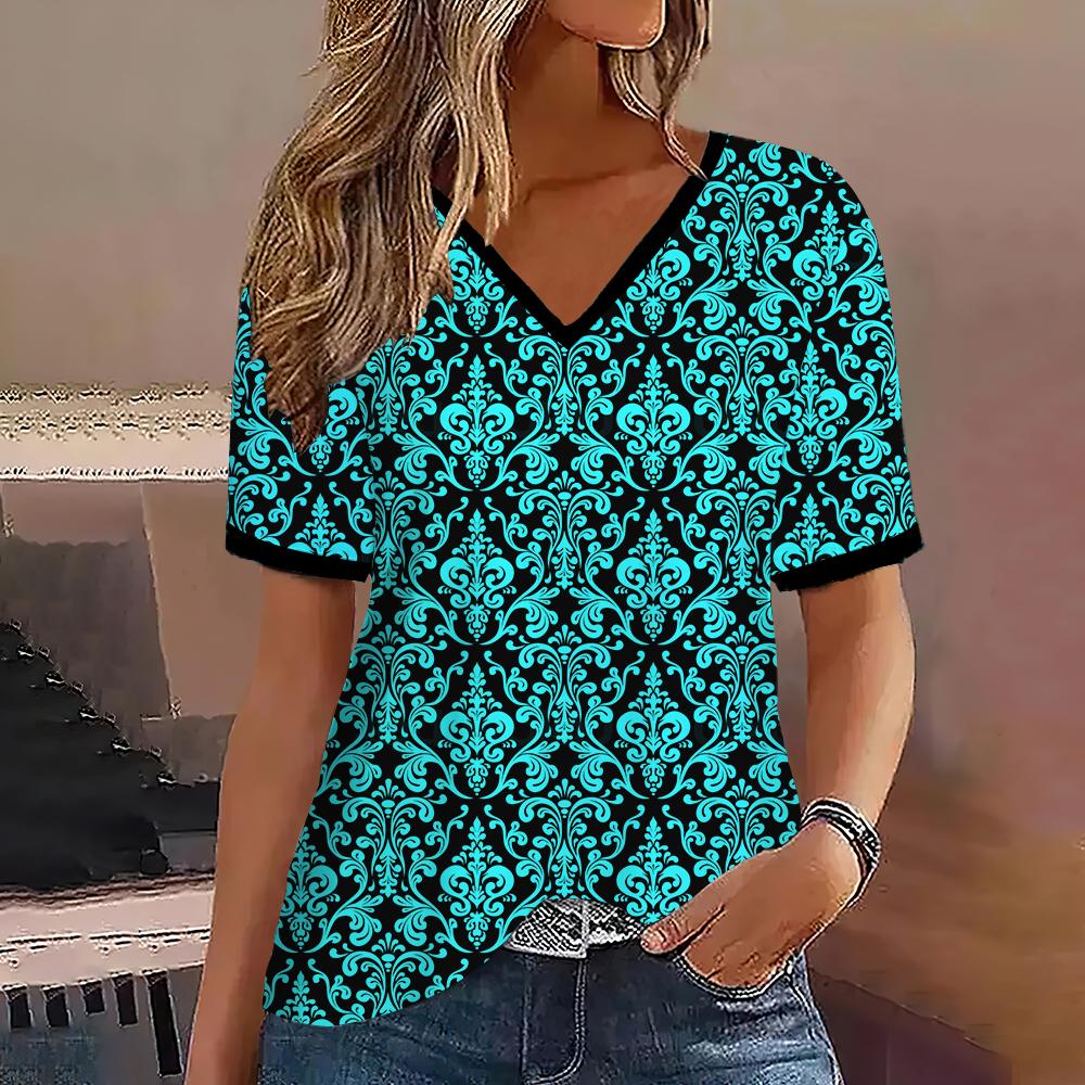 New Vintage Striped 3d Print T-shirt Women Fashion Gradient V-Neck Short Sleeve Basic T Shirt Summer Oversized Tops Tees Female