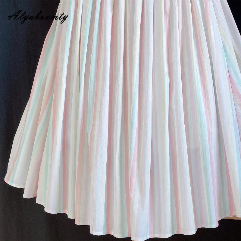 Spring Summer Women Rainbow Feminine Skirt Elastic Waist Pastel Striped Contrast Color Midi Skirt Cotton Soft Stylish Skirts Womens