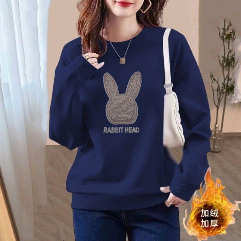 Women's Velvet Thickened Sweatshirt 2025 New Autumn and Winter New Round Neck Loose Bear Print Outer Top