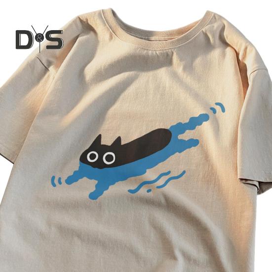 Pár Ležérní Tričko Kreslená Černá Kočka Potisk Tričko Kulatý Výstřih Volný Letní Top pro Muže Ženy Domácí Posilovna Streetové Oblečení