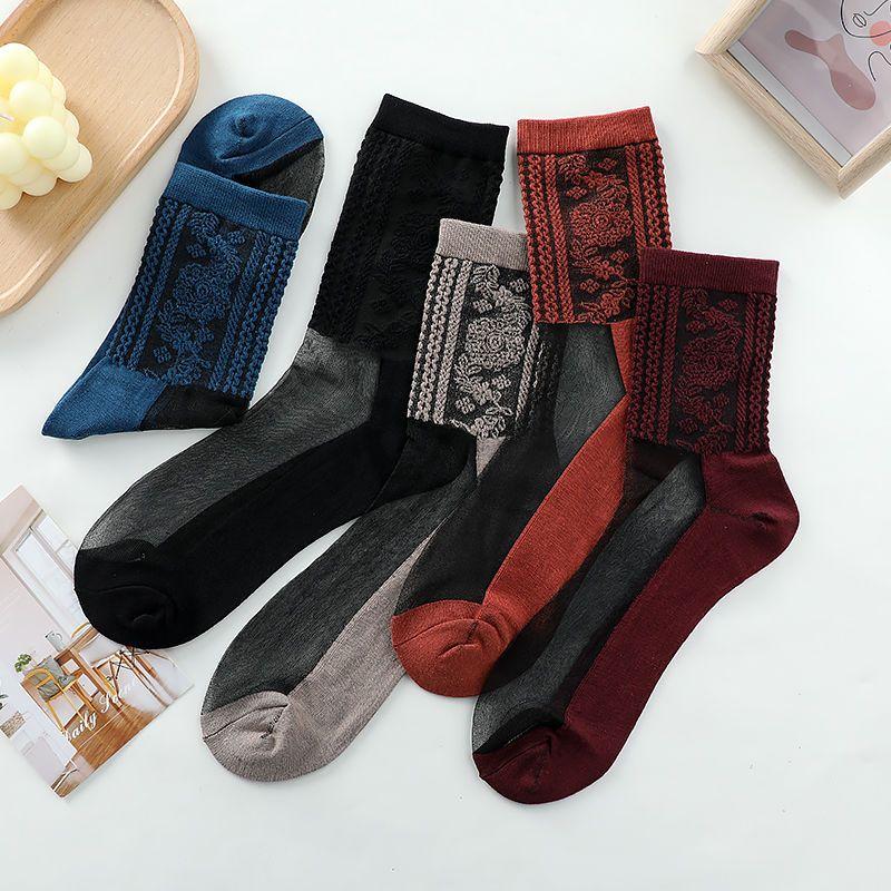 5 Pairs of Four Season Thin Cotton Bottom High Tube Crystal Glass Fiber Adult Women's Socks