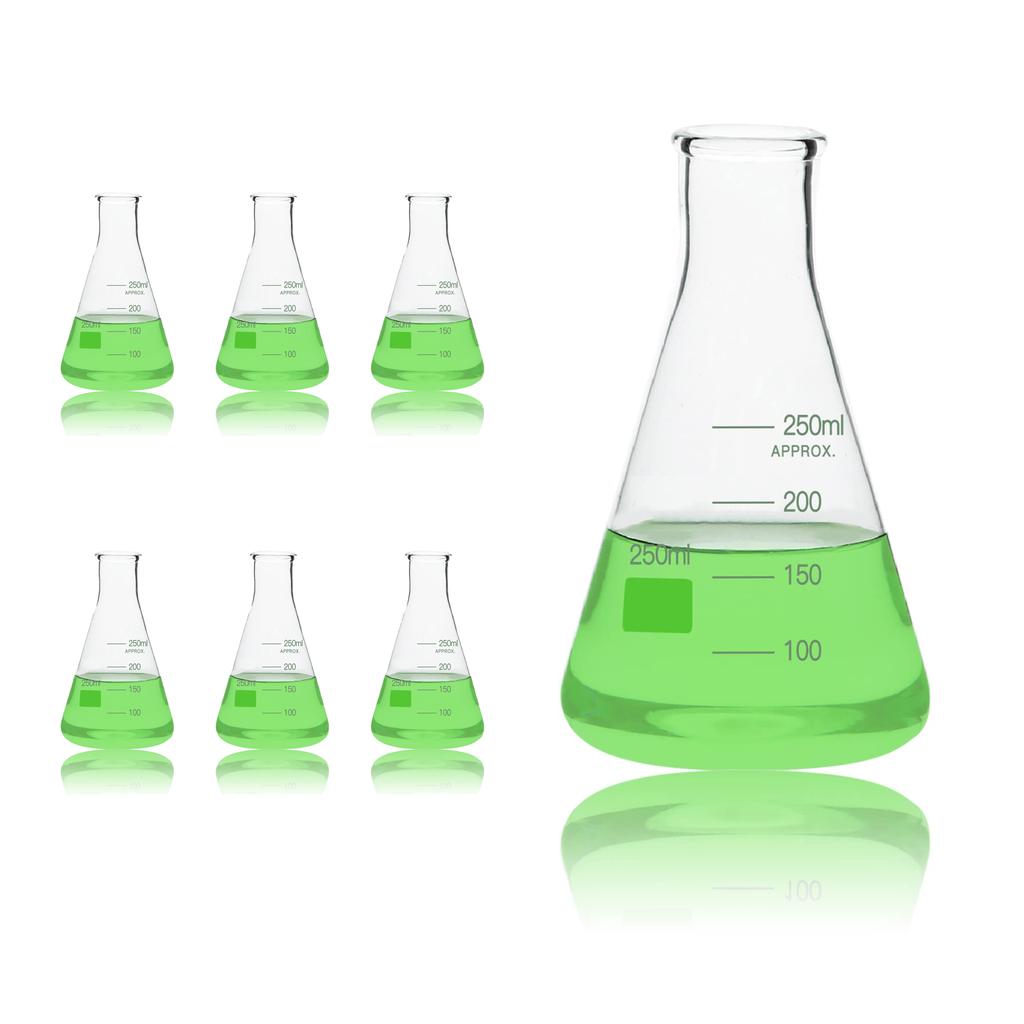 Sada skleněných Erlenmeyerových baněk, 500 ml úzké hrdlo, 6ks Borosilikátové 3,3 kuželové baňky pro laboratoř s tištěnou stupnicí