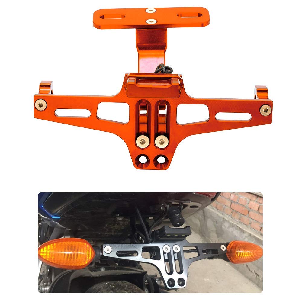 Karun Universal Motorcycle LED Light Rear License Plate Holder Adjustable Fender Eliminator Bracket for Yamaha for Kawasaki Ducati (Orange)