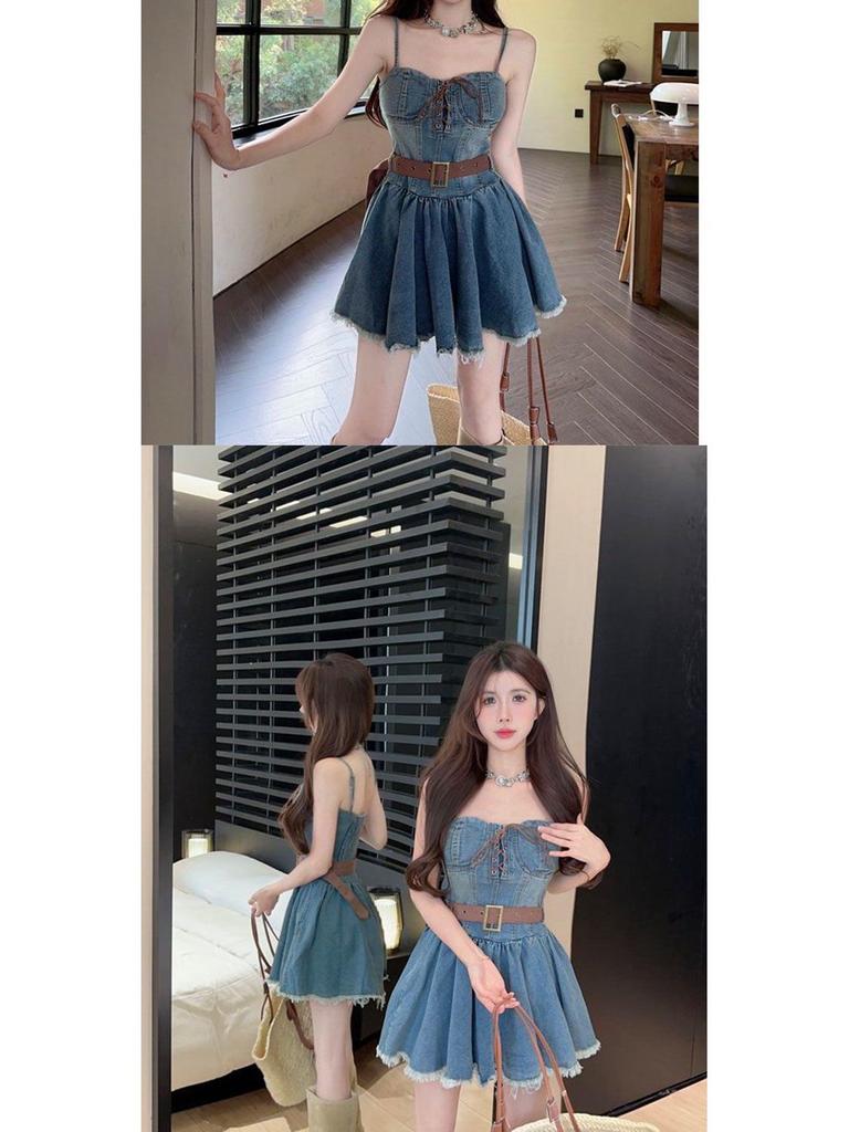 Stylish Plus-Size Strapless Denim Dress: Age-Reducing, Waist-Cinching Suspender Short Skirt for Summer
