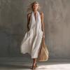European Style Women Clothing Casual Fashion Vintage Vacation V-Neck Spaghetti Strap Maxi Dress