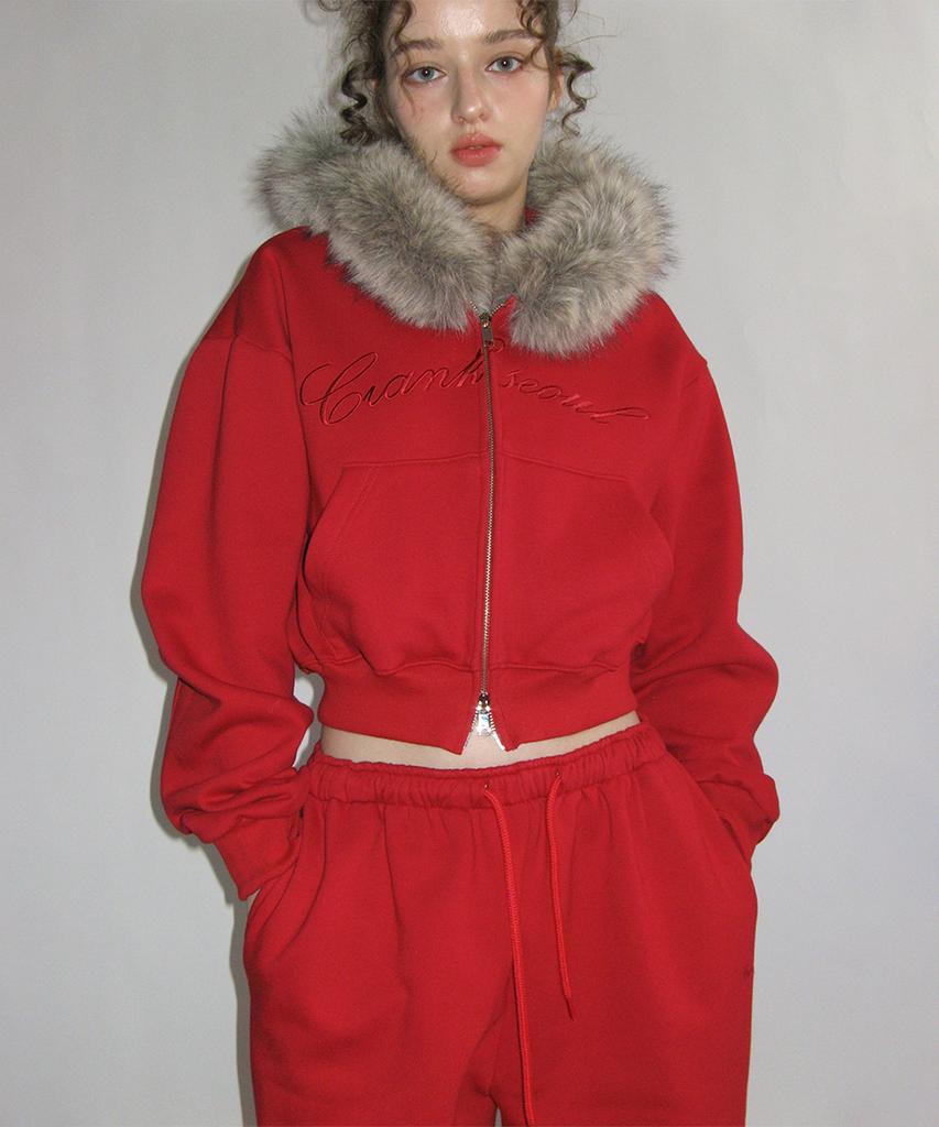 CRANK Embroidered Fleece-Lined Jogger Pants_Red