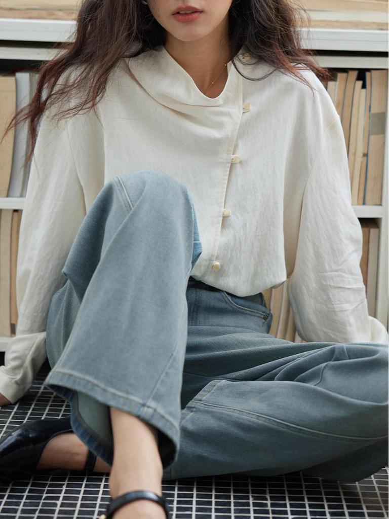 Solighter Women's Autumn 2025 Retro Lyocell Waist-Cinching Long-Sleeve Swing Collar Shirt