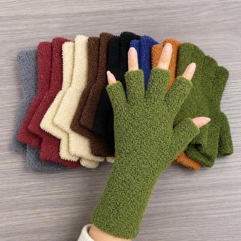Solid Color Knitted Gloves Coral Fleece Warm Gloves Cozy Half Finger Gloves Unisex