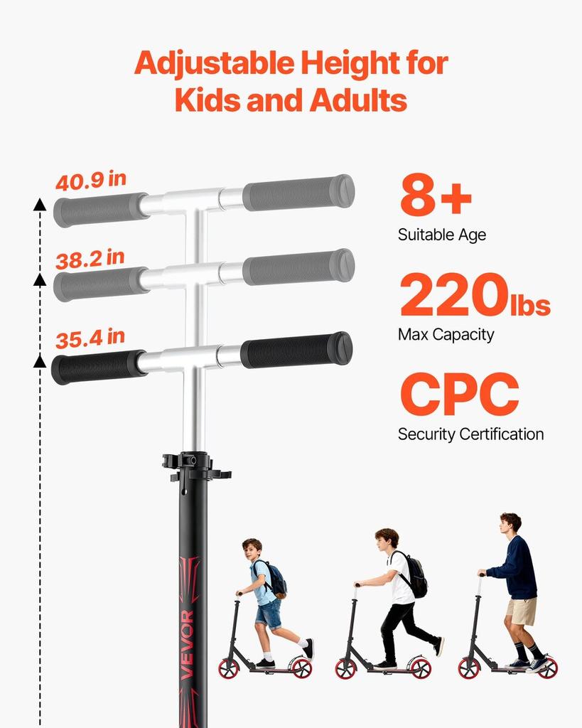 Kick Scooter for Kids Ages 8+, Teens & Adults, 2-Wheel Toddler Scooter with Adjustable Height Handlebar, Wide Anti-Slip Deck, Foldable Lightweight for