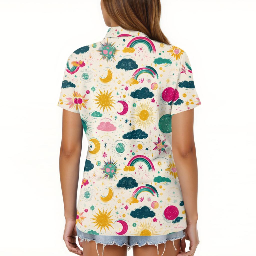 Women's Casual Short Sleeve Shirt with Print - Button Front Top with Side Slits