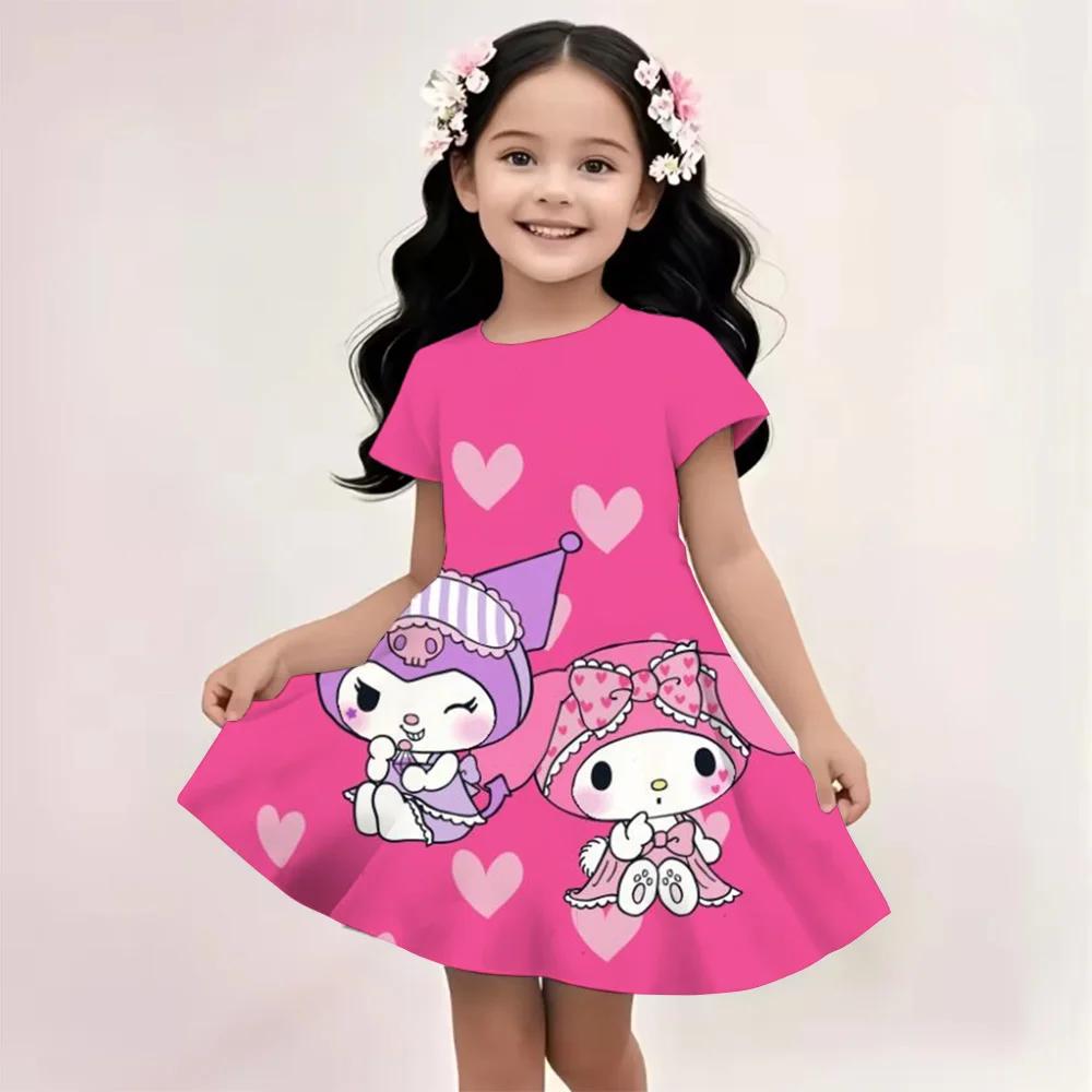 Sanrio Summer Dress Fashion Cartoon Cute Cinnamoroll Hello Kitty 3D Printing Dress Kid Short Sleeve Princess Clothing Kuromi