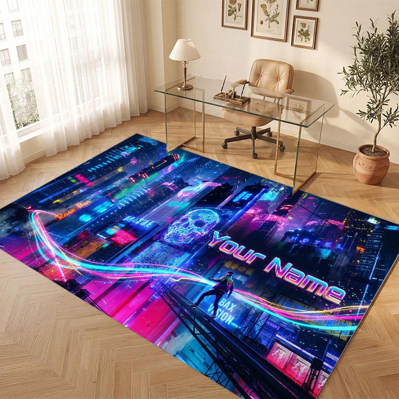 City Cyberpunk Theme Crystal Velvet Floor Rug Personalized Custom Name Text Warm Carpet Home Decoration