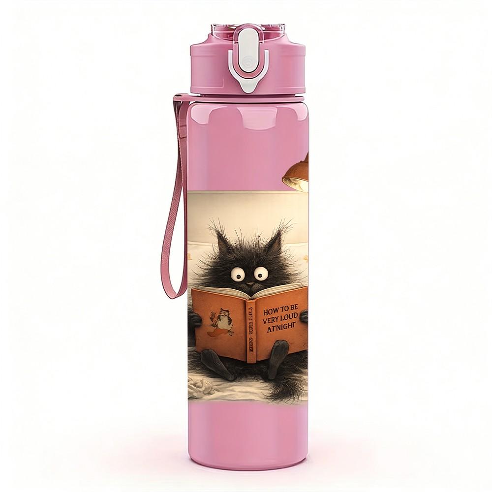 1PC Black Cat Sit On Vintage Book Bag Print 750ml Color Plastic Sports Water Bottle Leakproof Flip Straw Lid Suitable for Sports Office Home Use