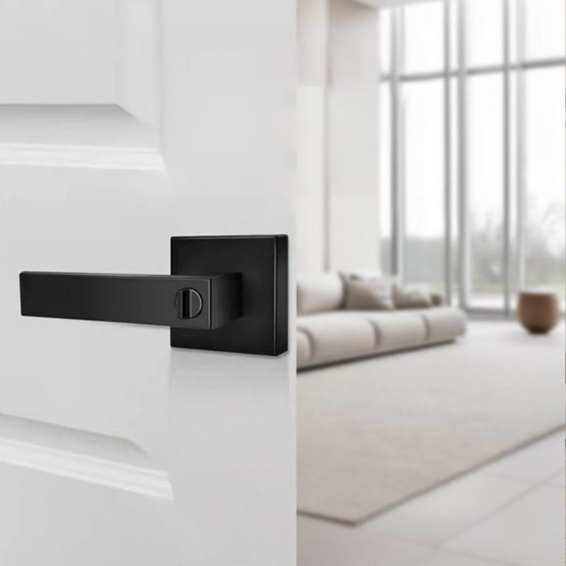 Modern Matte Black Door Handle For Bathroom And Bedroom Aluminum Alloys Smooth Grip Privacy Lock Indoor Installation