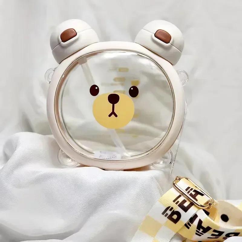 750MLCute Bear Kettle Straw Water Bottle Summer Tritan Straw Bottle Plastic Drinking Bottle Kawaii Children Water Cup for School
