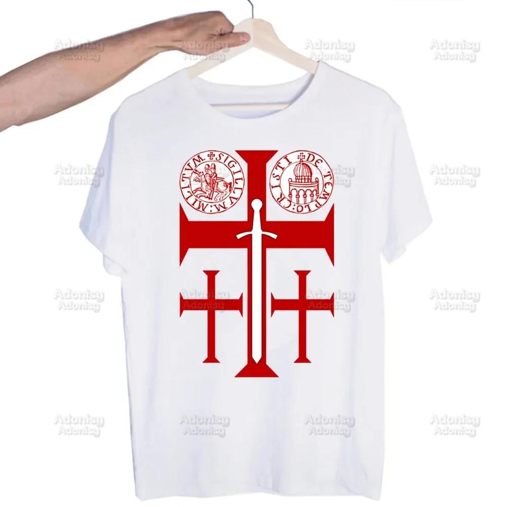 Medieval Knights Templar Printed T Shirt Men Retro Washed Tops Tees Harajuku Tshirt Streetwear Hip Hop Male T-shirts