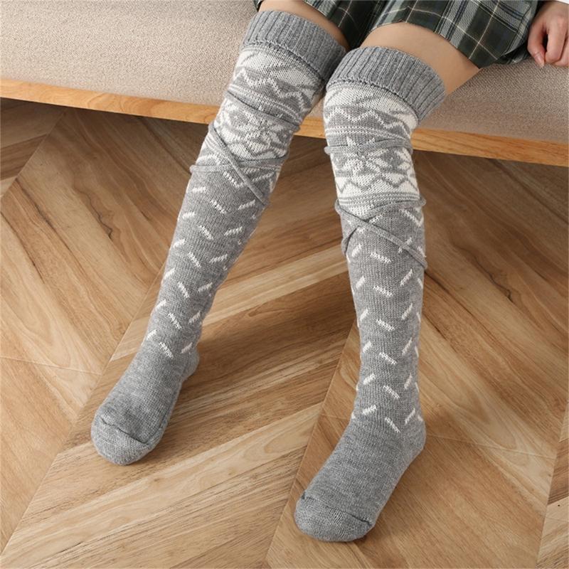 Womens Christmas Knitted Thigh High Socks with Strappy Ties Snowflake Print Over Knee Boot Stockings Winter Leg Warmers