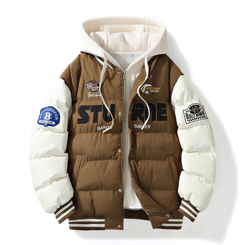 

Мужская зимняя бейсбольная куртка из хлопка с капюшоном 2024 года — американский стиль, модная, с цветовыми блоками, утолщенная с плюшевым бархатом 4XL