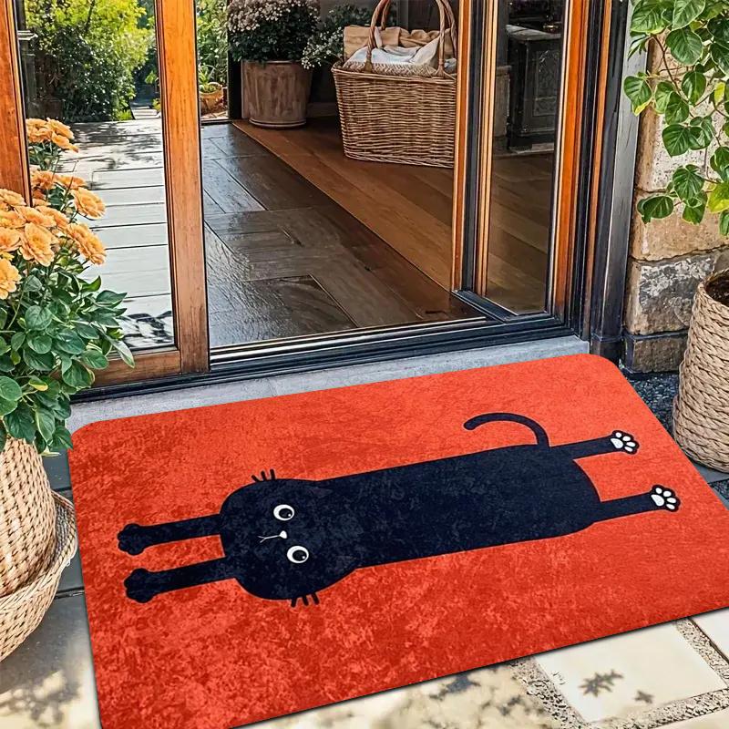 1pc Black Cat Doormat – Playful Feline on Red Background for Indoor & Outdoor Use carpet 40x60cm 50x80cm