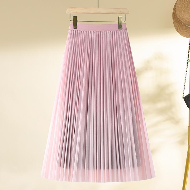 Women's Gradient Mesh Pleated Midi Skirt - 2025 Spring Collection, High Waist A-line with Slimming Drapes