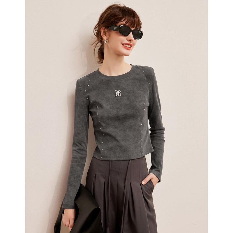 Bailuyu Women s Rivet Embellished Slim-Fit Pullover T-Shirt M