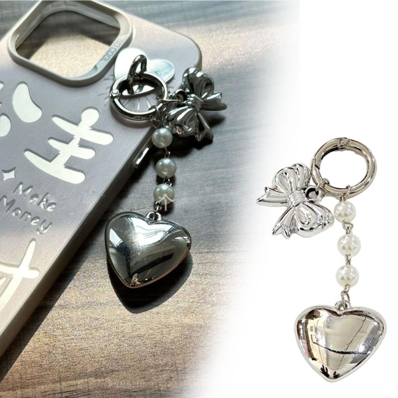 Fashionable Heart Pendant Stylish Bowknont Keychain Bag Charm Earphone Accessory Elegant Pearl Bowknot Heart Charm