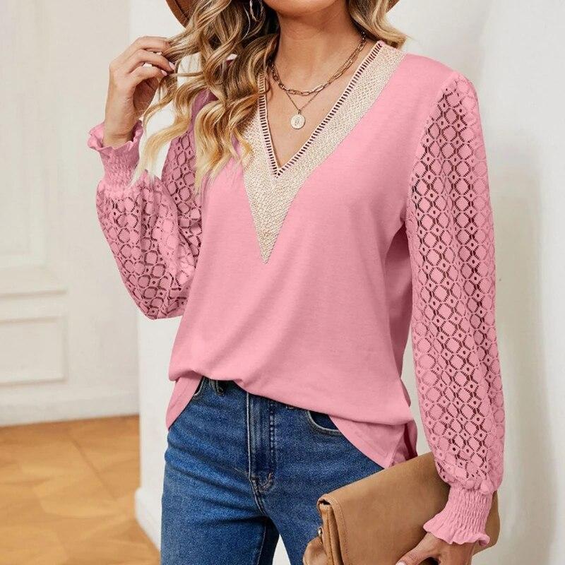 Hollow Uzun Kollu V Yaka Dantel Gömlek Kadın Gevşek Vintage Beyaz Bluzlar Kadınlar Zarif Moda Bayan Casual Blusas Mujer Tops 29541