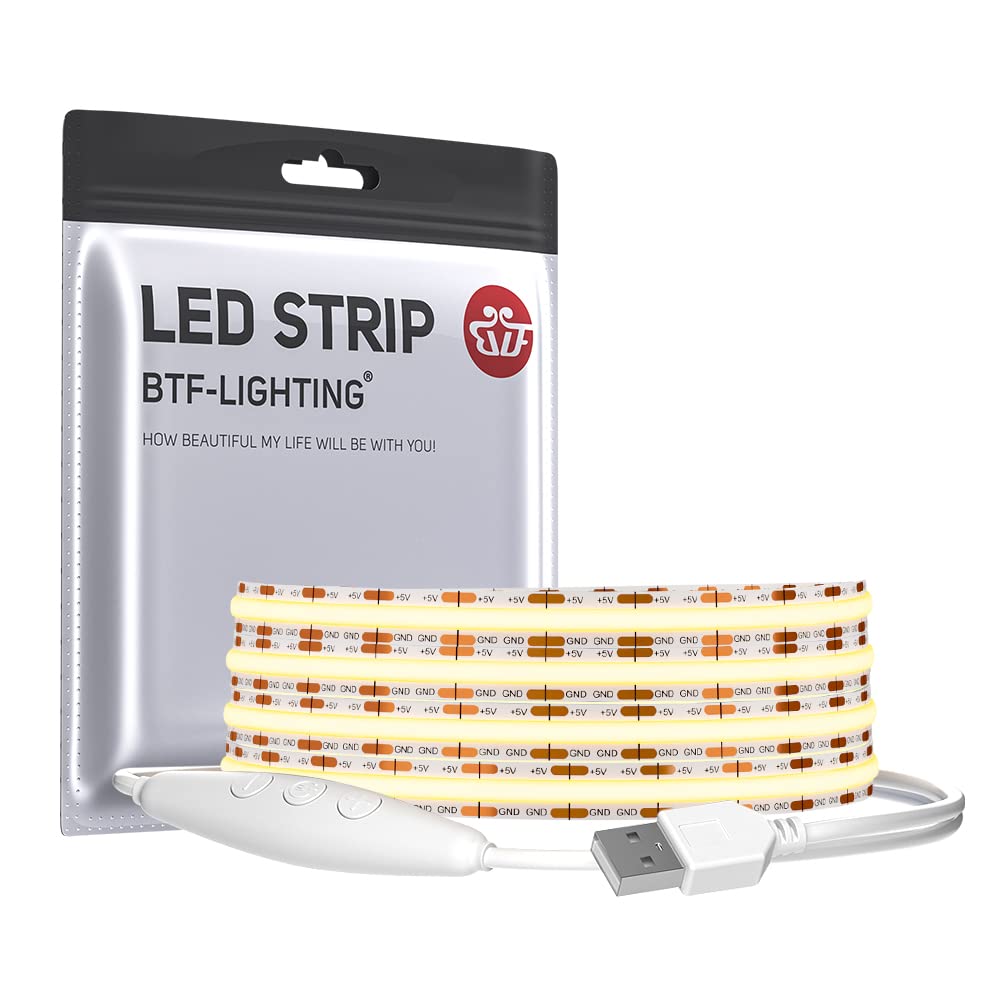 

BTF-LIGHTING FCOB COB LED Strip Light, USB Light, Flexible, High-Density LED Strip Light, 2M, 320 LEDsm, Daylight White, 4000K, 8mm Width, DC5V, 6Wm,