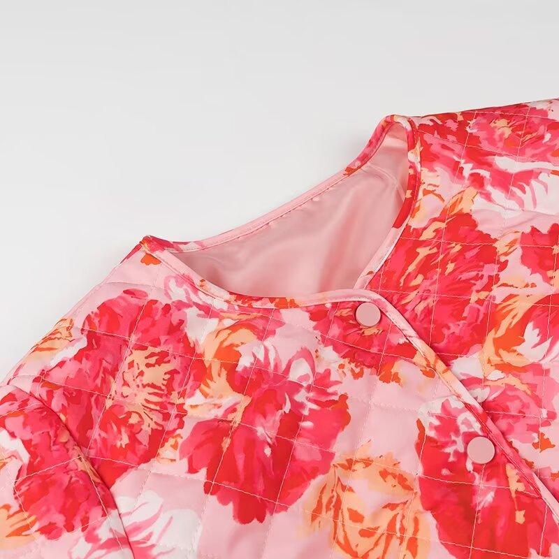 TRAF GAL 2024 Autumn Elegant Floral Printed Women Cotton Padded Jacket Winter Single Breasted Loose Coat Female Outerwear Y2K