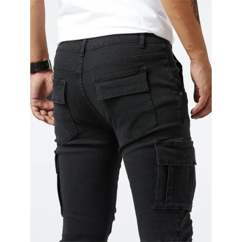 Pantaloni Cargo in Denim Skinny Azzurro Chiaro da Uomo Multi Tasche Elasticizzati Casual