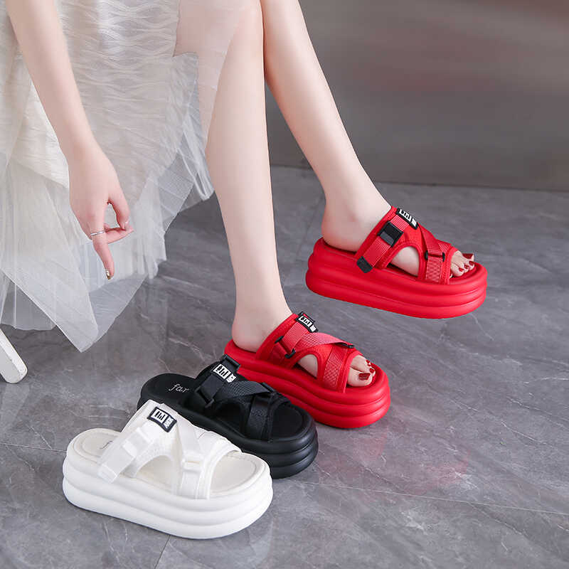 Fashion Summer Women Buckle Slippers Flip-Flops Beach Shoes Wedge Heels Slides Woman Platform Slippers Candy Colors Outside Sandals 7cm